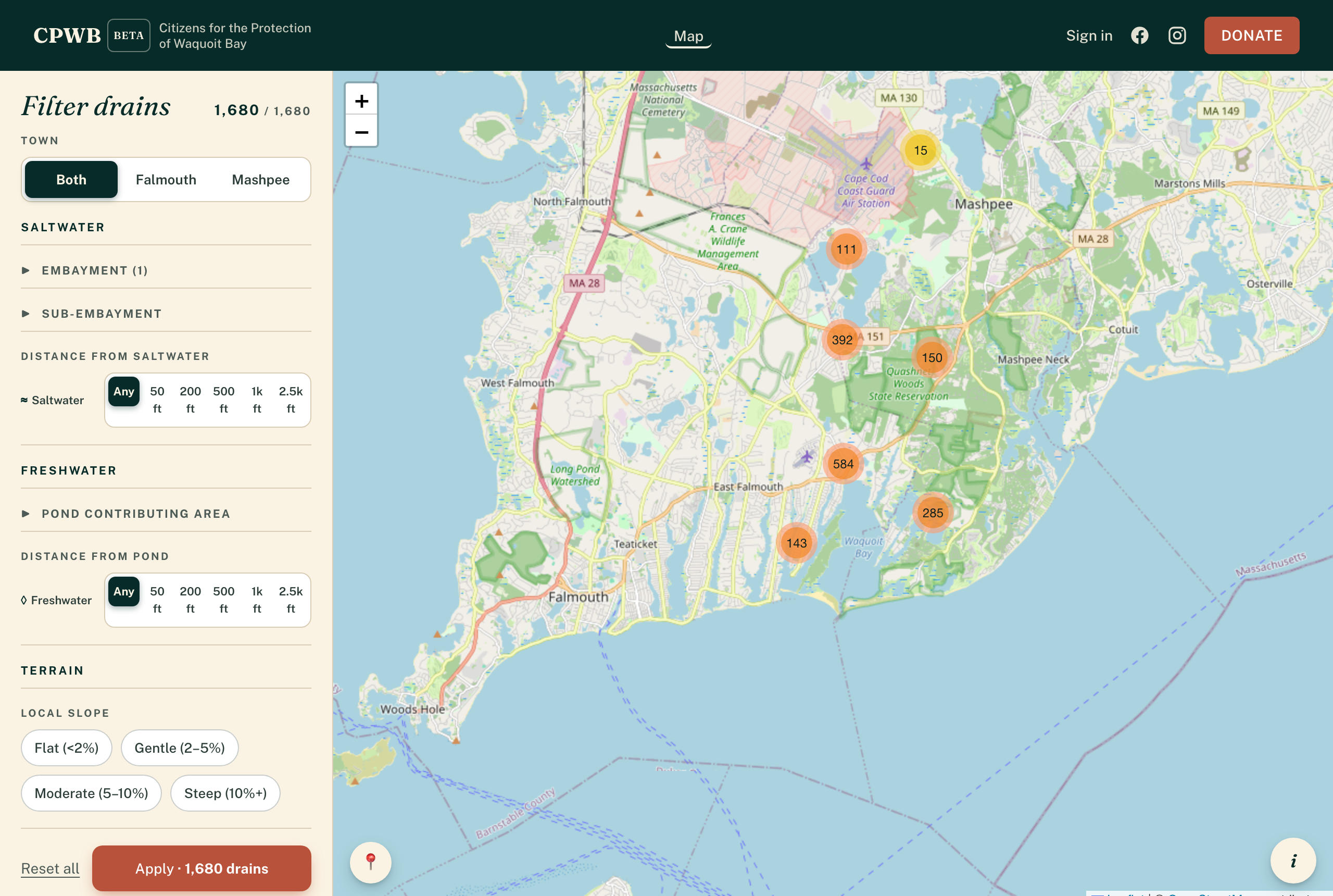 The drain map showing adoptable storm drains across Falmouth and Mashpee